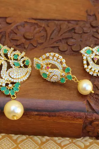 Designer gold plated cz peacock pendants set