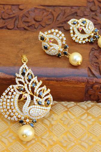 Designer gold plated cz peacock pendants set