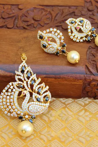 Designer gold plated cz peacock pendants set