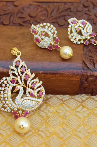 Designer gold plated cz peacock pendants set