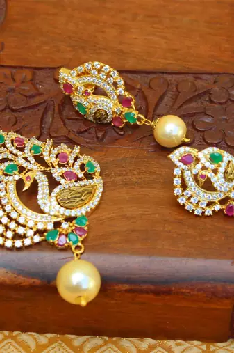 Designer gold plated cz peacock pendants set