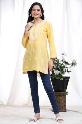 Trendmalls Yellow Woven Cotton Short Kurti for Women 1