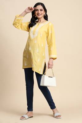 Trendmalls Yellow Woven Cotton Short Kurti for Women 3