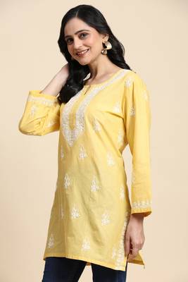 Trendmalls Yellow Woven Cotton Short Kurti for Women 4