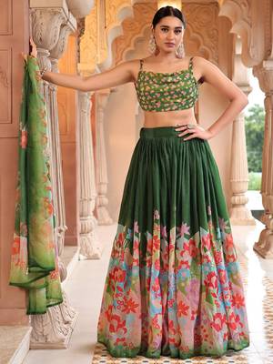 Green Yellow Floral Printed Georgette Lehenga And Choli 1