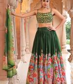 Green Yellow Floral Printed Georgette Lehenga And Choli