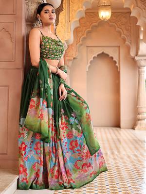 Green Yellow Floral Printed Georgette Lehenga And Choli 2