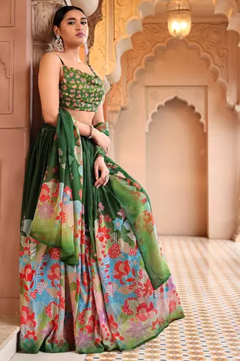 Green Yellow Floral Printed Georgette Lehenga And Choli