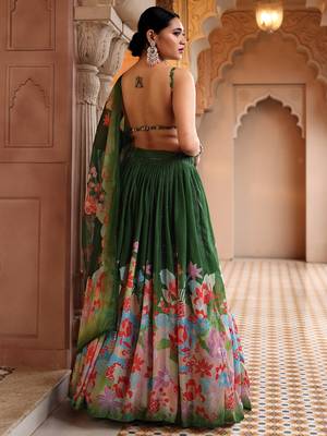 Green Yellow Floral Printed Georgette Lehenga And Choli 3
