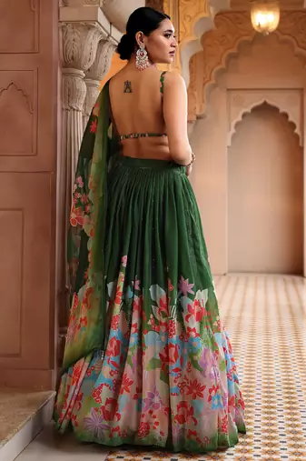 Green Yellow Floral Printed Georgette Lehenga And Choli
