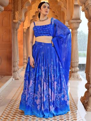 Blue Floral Printed Faux Georgette Lehenga Choli 1