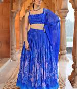 Blue Yellow Floral Printed Georgette Lehenga And Choli