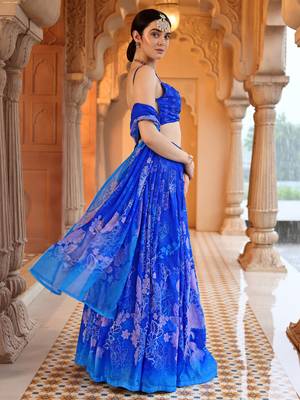 Blue Floral Printed Faux Georgette Lehenga Choli 2