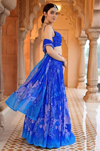 Blue Floral Printed Faux Georgette Lehenga Choli
