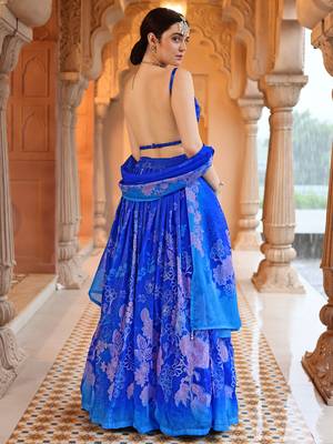 Blue Floral Printed Faux Georgette Lehenga Choli 3