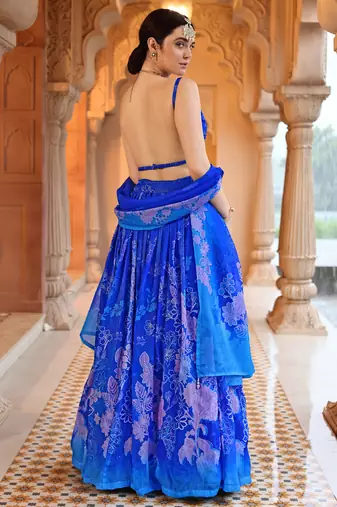 Blue Floral Printed Faux Georgette Lehenga Choli