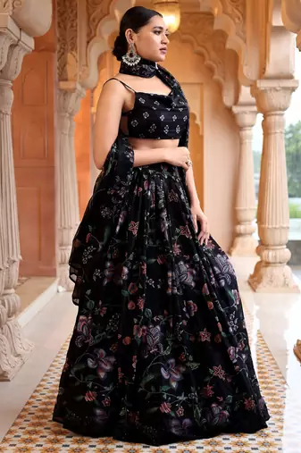 Yellow Faux Georgette Floral Printed Lehenga Choli for Women
