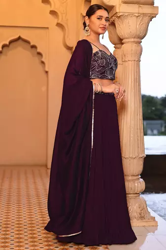 Wine silk blend Crush Lehenga Choli with Duppatta