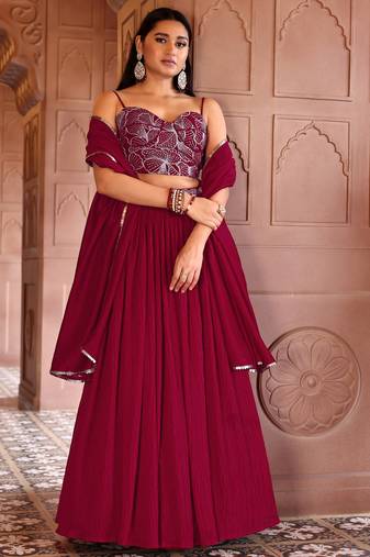 Magenta Silk Blend Crush Lehenga with Duppatta And fency Work Blouse