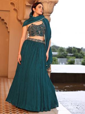 Teal silk blend Crush Lehenga choli with Duppatta 1