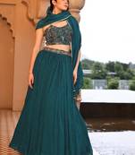 Teal Silk Blend Crush Lehenga with Duppatta And fency Work Blouse