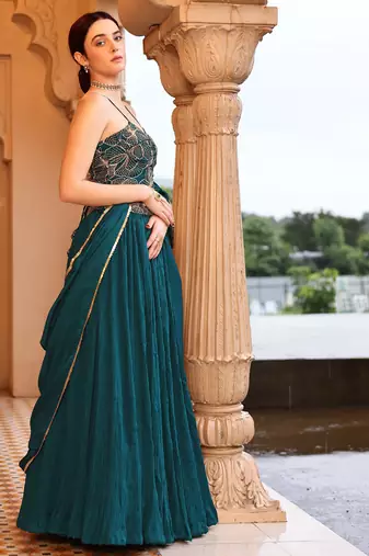 Teal silk blend Crush Lehenga choli with Duppatta