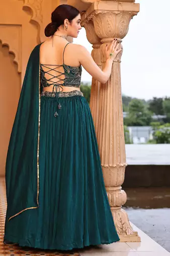 Teal silk blend Crush Lehenga choli with Duppatta