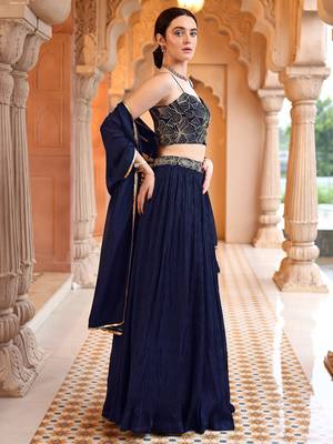 Navy Blue silk blend Sequin Embroidered Lehenga Choli 2