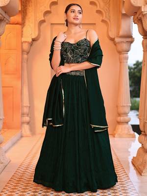 Green silk blend Crush Lehenga Choli with Duppatta 1