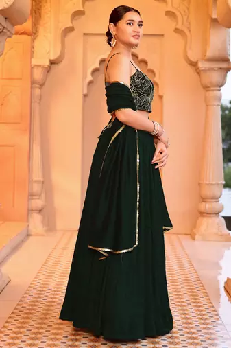Green silk blend Crush Lehenga Choli with Duppatta