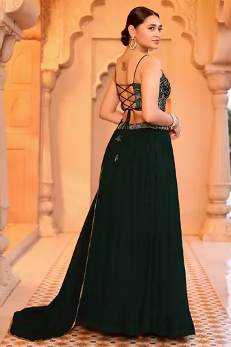 Green silk blend Crush Lehenga Choli with Duppatta