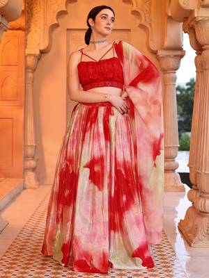Red & Off-white Printed Sequins Work Chinon Lehenga Choli For Festival 1