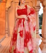 Red & Off-white Printed Sequins Work Chinon Lehenga Choli For Festival