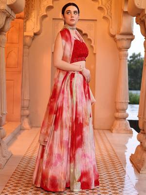 Red & Off-white Printed Sequins Work Chinon Lehenga Choli For Festival 2