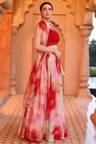 Red & Off-white Printed Sequins Work Chinon Lehenga Choli For Festival