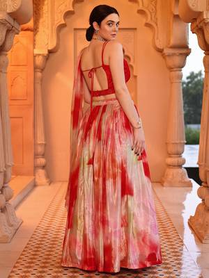 Red & Off-white Printed Sequins Work Chinon Lehenga Choli For Festival 3