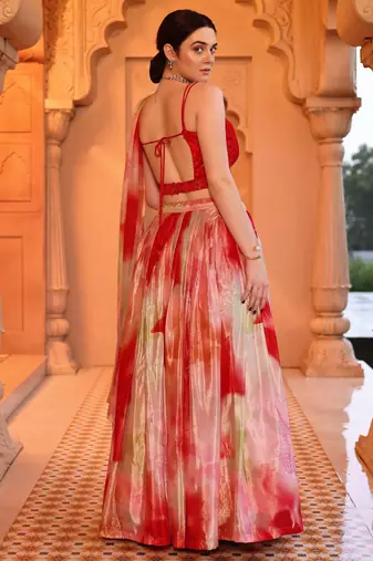 Red & Off-white Printed Sequins Work Chinon Lehenga Choli For Festival