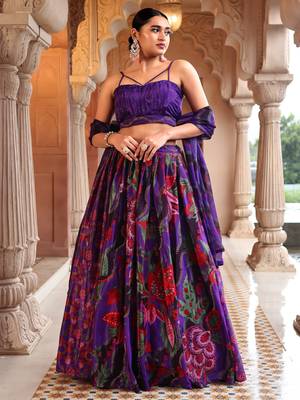 Dark Purple Printed Sequins Work Chinon Lehenga Choli 1