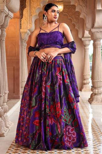 Dark Purple Printed Sequins Work Chinon Lehenga Choli For Festival