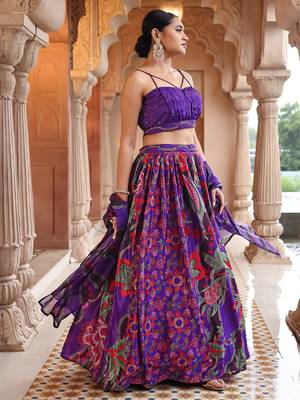 Dark Purple Printed Sequins Work Chinon Lehenga Choli 2