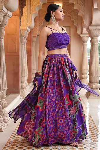 Dark Purple Printed Sequins Work Chinon Lehenga Choli