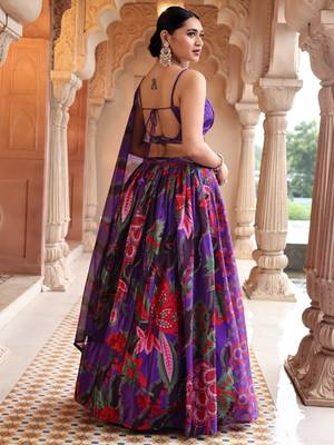 Dark Purple Printed Sequins Work Chinon Lehenga Choli 3