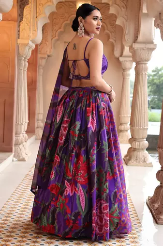 Dark Purple Printed Sequins Work Chinon Lehenga Choli