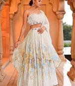Cream Printed Sequins Work Chinon Lehenga Choli For Festival