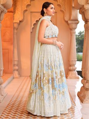 Cream Printed Sequins Work Chinon Lehenga Choli 2