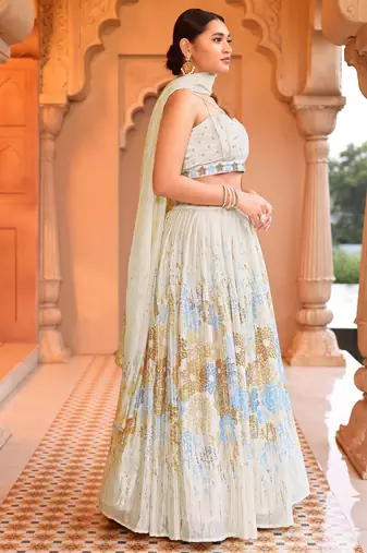 Cream Printed Sequins Work Chinon Lehenga Choli