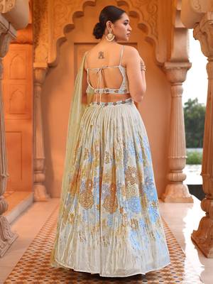 Cream Printed Sequins Work Chinon Lehenga Choli 3