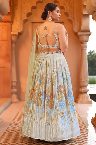 Cream Printed Sequins Work Chinon Lehenga Choli