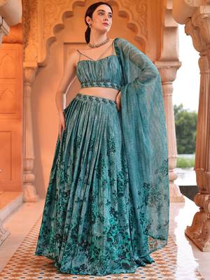 Aqua blue Printed Sequins Work Chinon Lehenga Choli 1