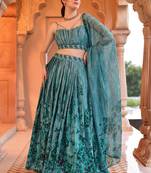 Aqua blue Printed Sequins Work Chinon Lehenga Choli For Festival